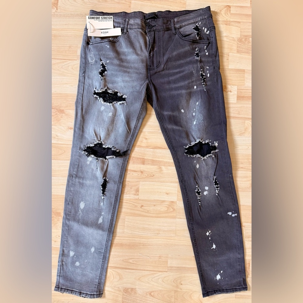 Men's KDNK Distressed Washed Black Jeans, Size 38